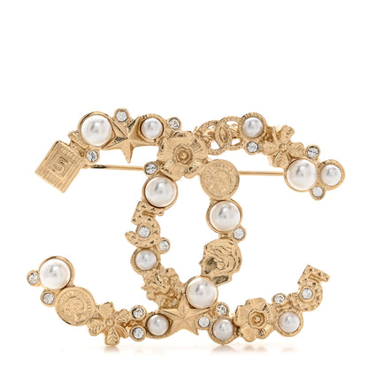 Chanel Crystal Pearl CC Charms Brooch Gold 1 of 4