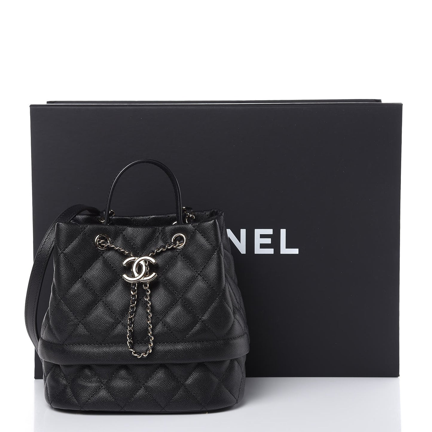 Caviar Quilted Rolled Up Bucket Drawstring Bag Black