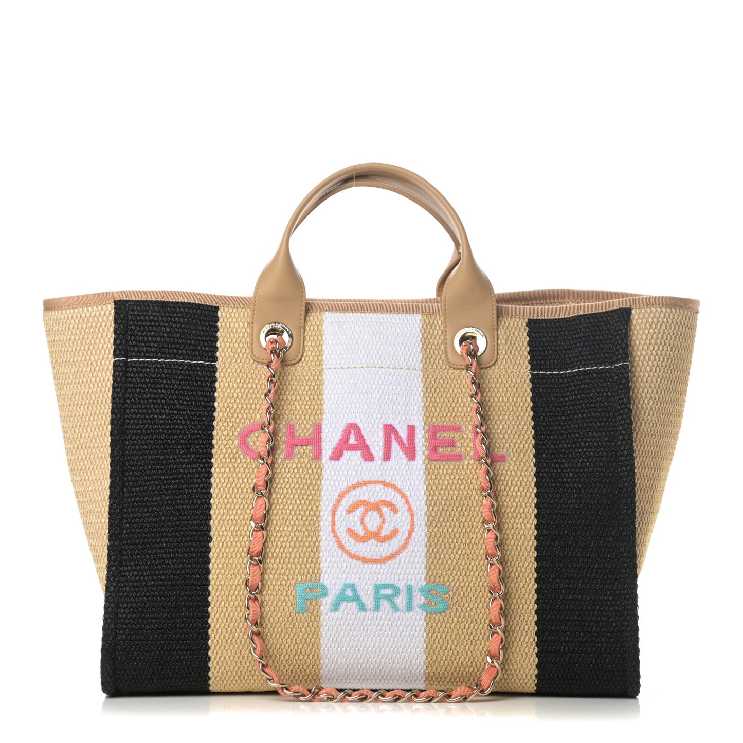 Straw Raffia Calfskin Striped Medium Deauville Tote Black Beige Ivory