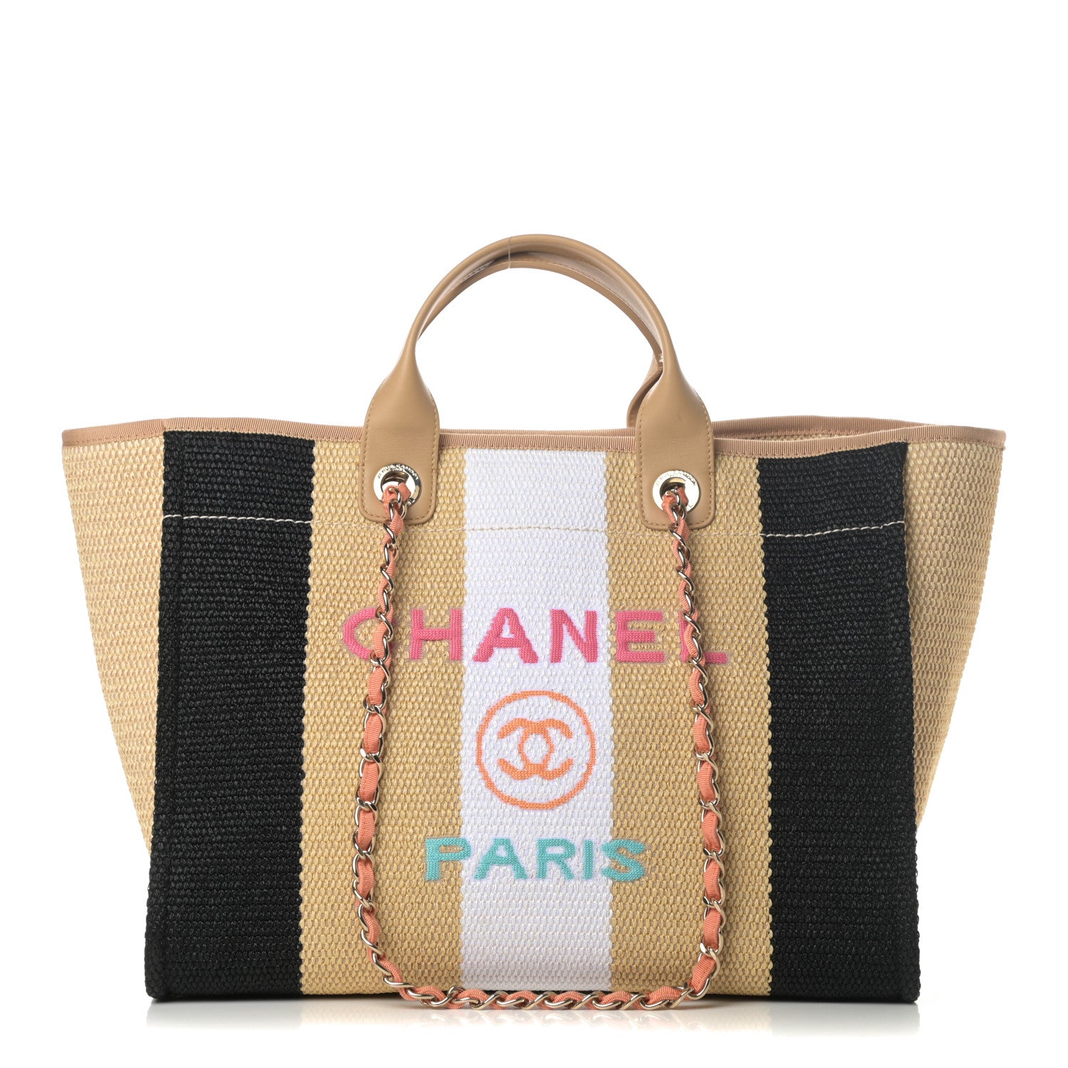 Chanel Straw Raffia Calfskin Striped Medium Deauville Tote Black Beige Ivory 1 of 12