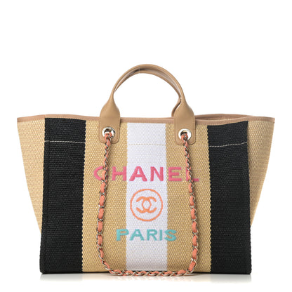 Chanel Straw Raffia Calfskin Striped Medium Deauville Tote Black Beige Ivory 1 of 12