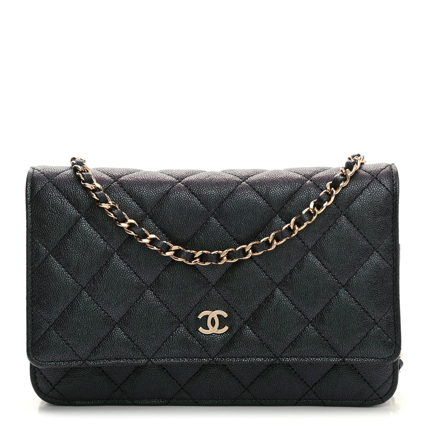 Iridescent Caviar Quilted Wallet On Chain WOC Black