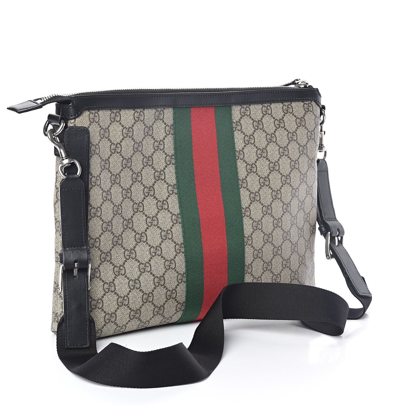 GG Supreme Monogram Calfskin Web Medium Flat Messenger Bag Beige Ebony Black