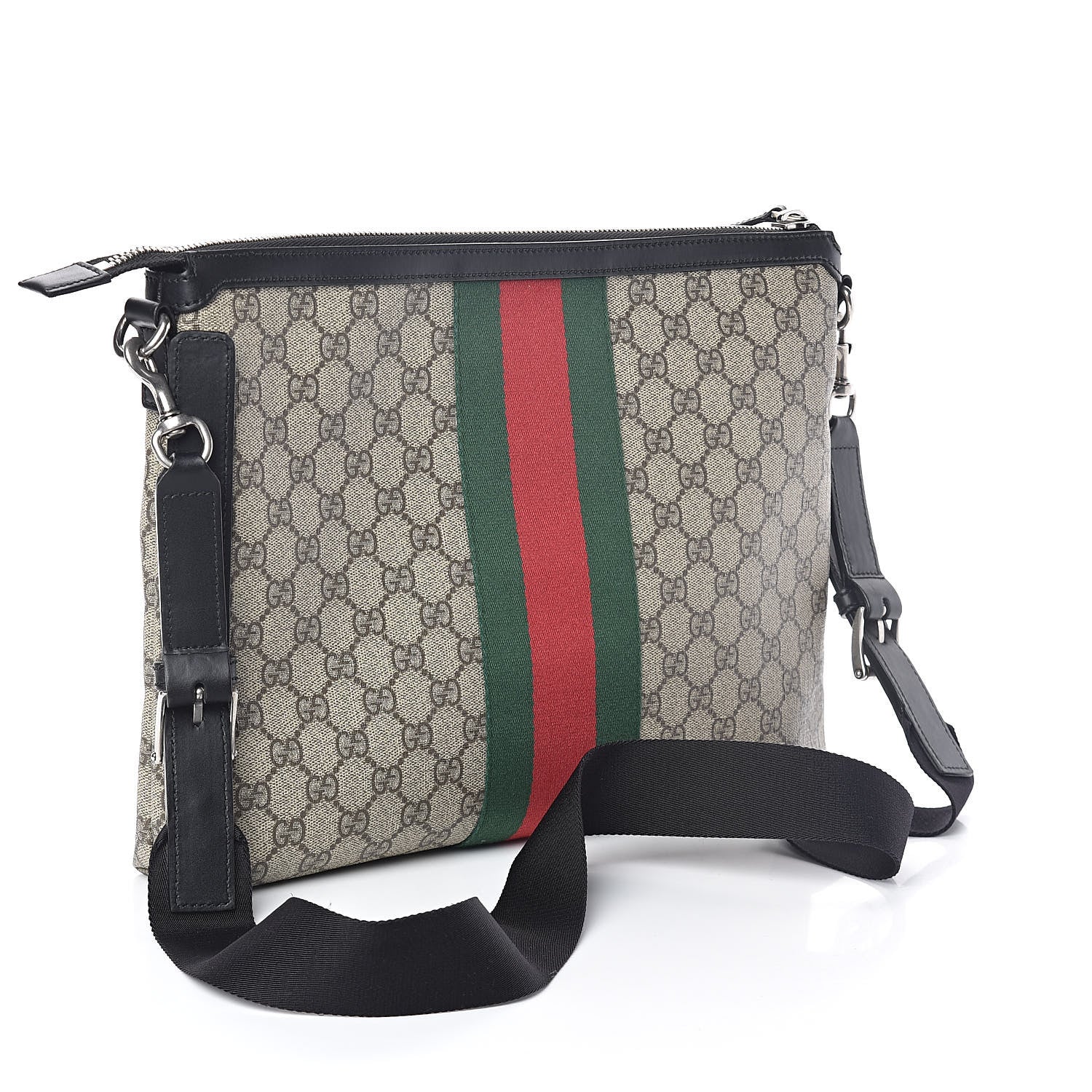 Gucci GG Supreme Monogram Calfskin Web Medium Flat Messenger Bag Beige Ebony Black 3 of 9
