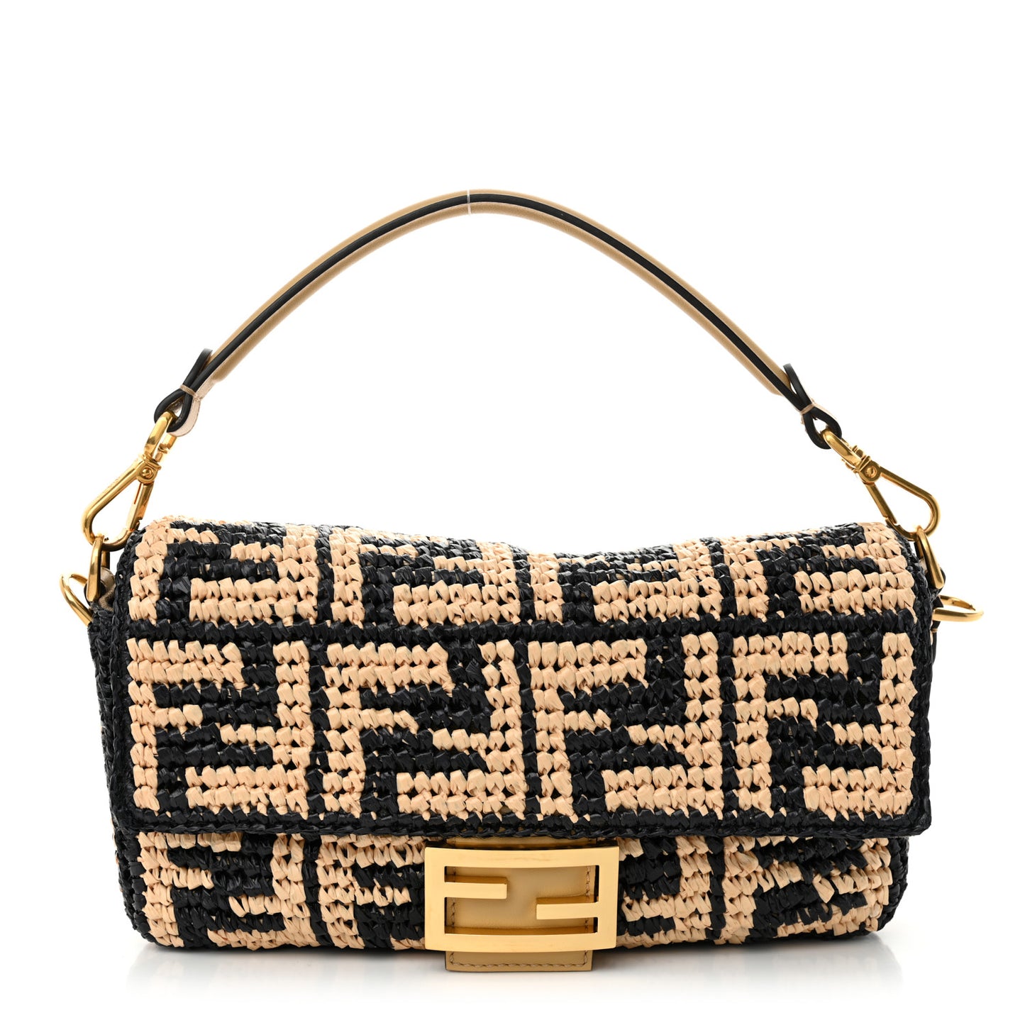 Raffia Vitello Grace FF Crochet Baguette Natural Black Paglia