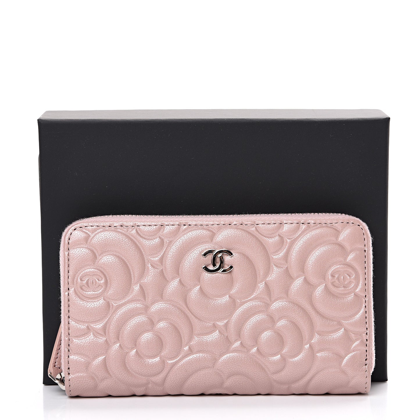Goatskin Camellia Embossed Medium Zip Around Wallet Light Pink