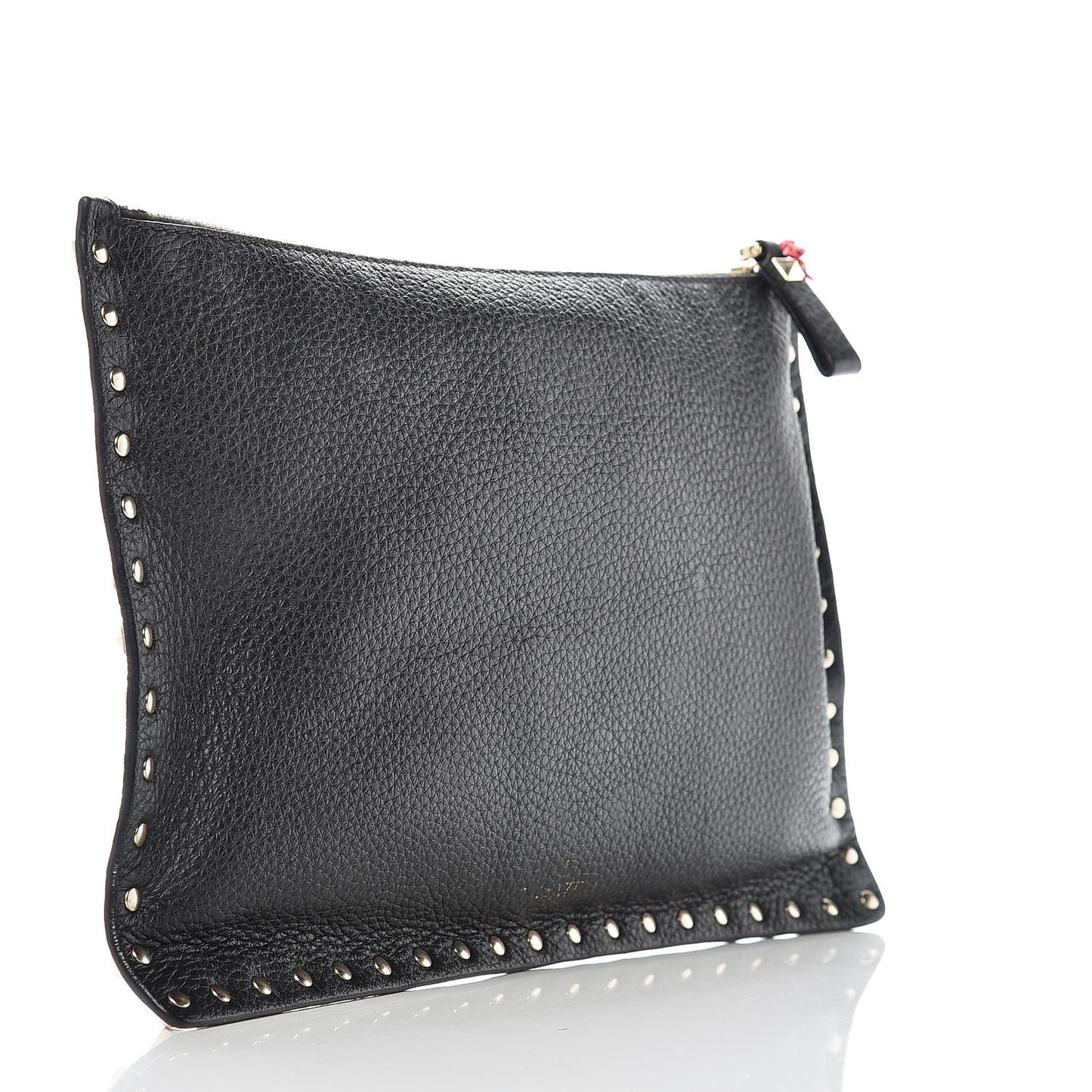 Pebbled Calfskin Large Rockstud Zip Pouch Black