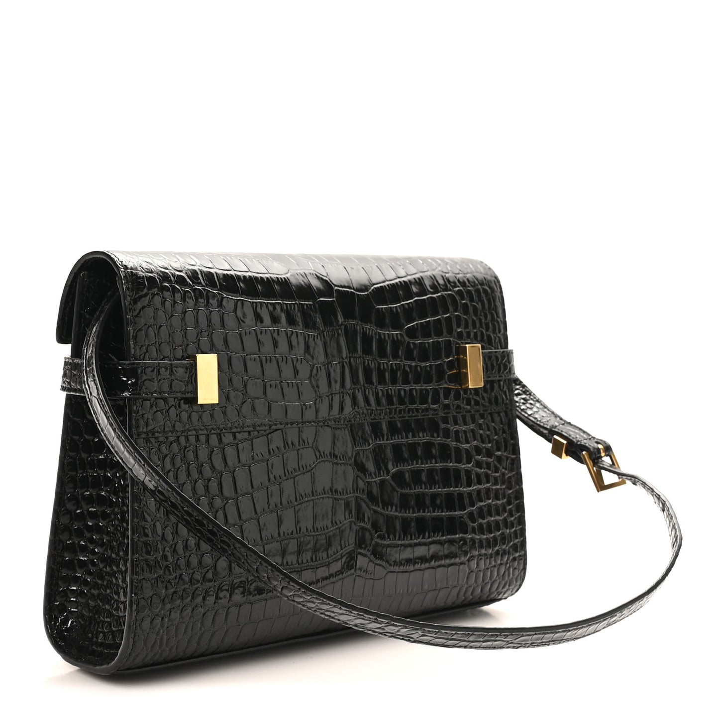 Shiny Calfskin Crocodile Embossed Small Manhattan Baguette Black