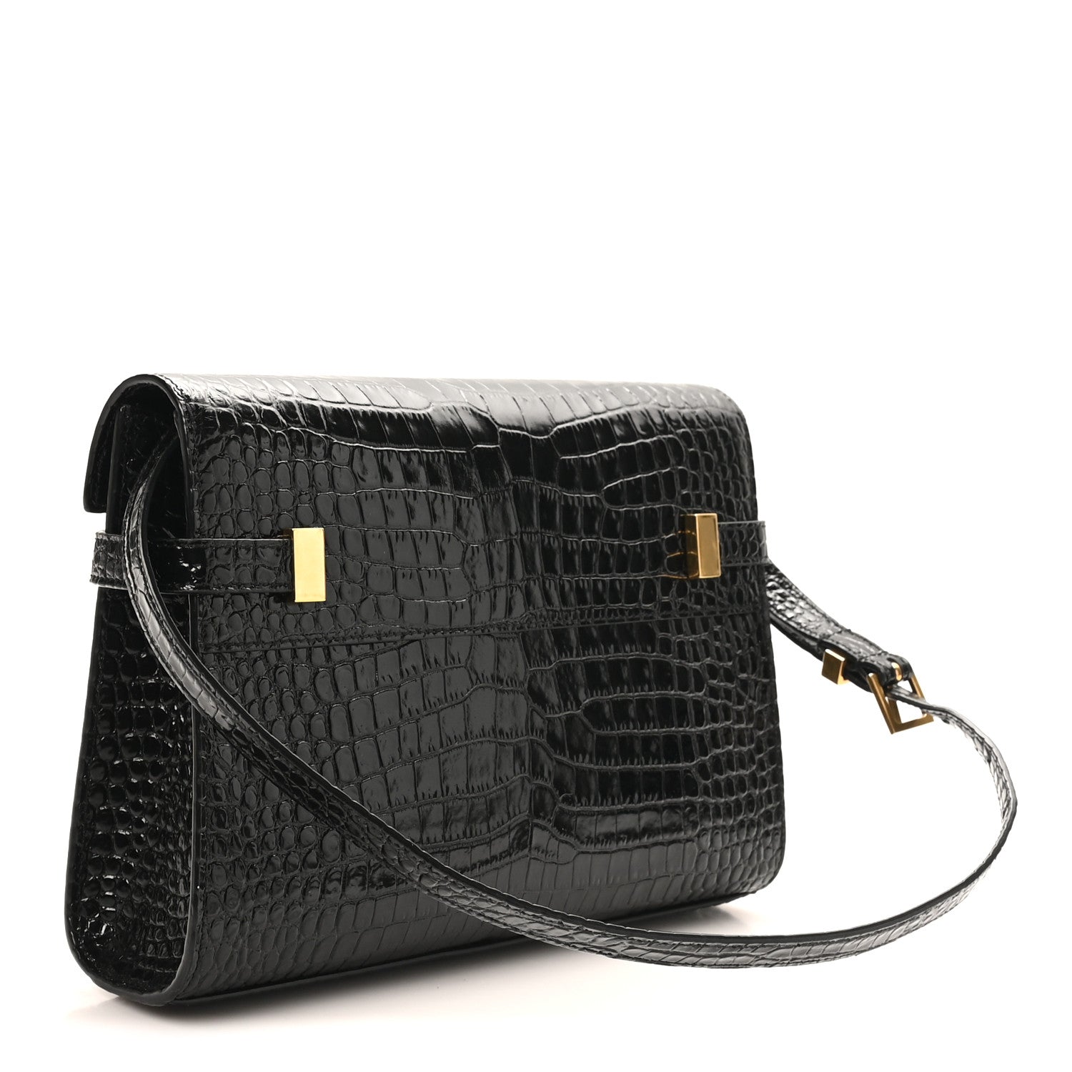 Saint Laurent Shiny Calfskin Crocodile Embossed Small Manhattan Baguette Black 3 of 9