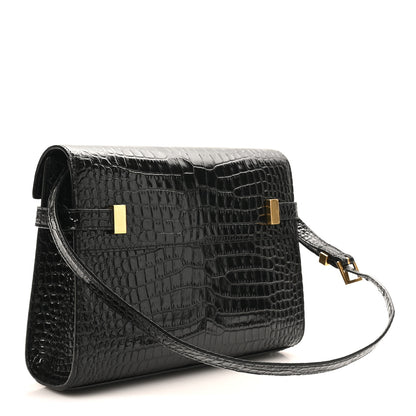 Saint Laurent Shiny Calfskin Crocodile Embossed Small Manhattan Baguette Black 3 of 9
