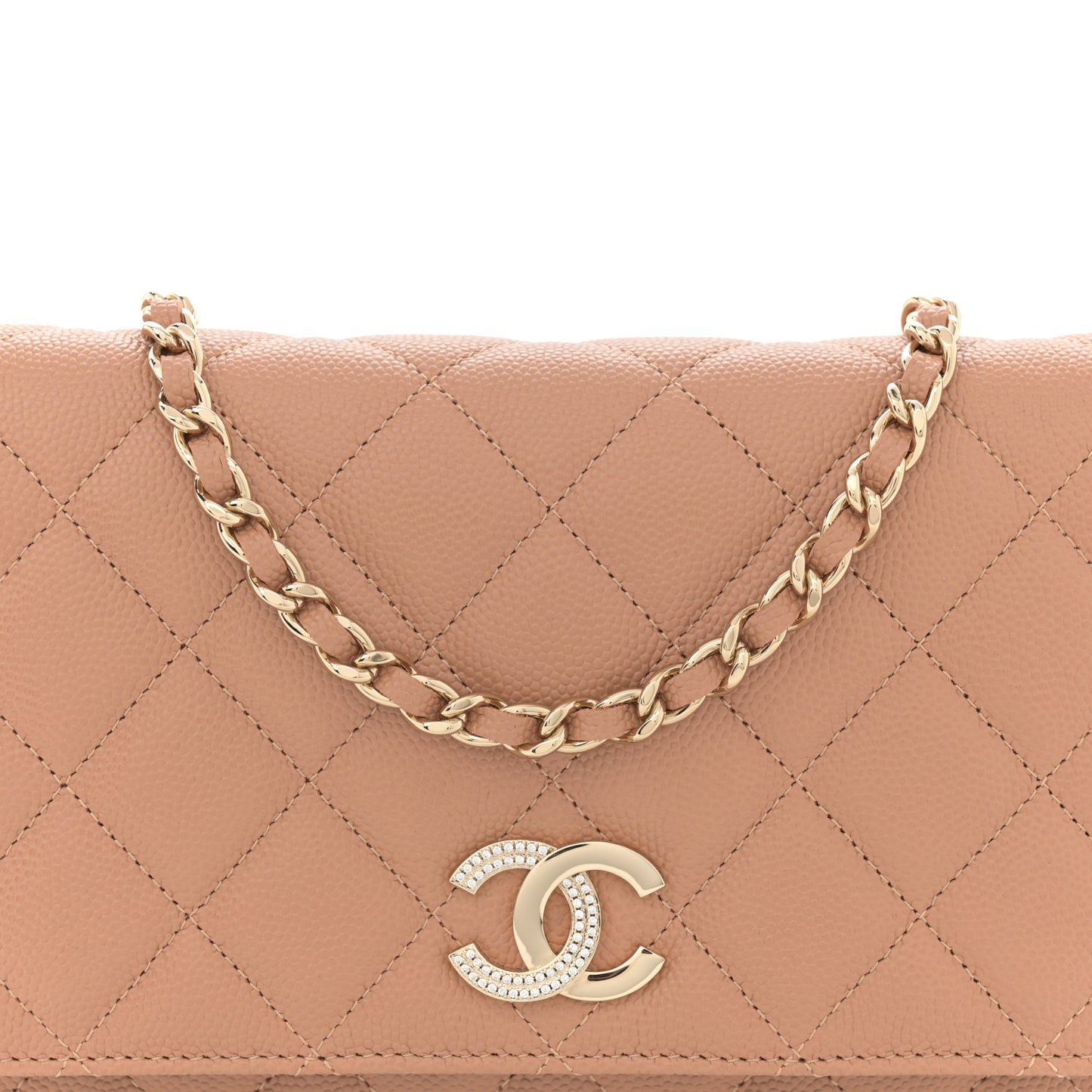Caviar Quilted Crystal CC Wallet On Chain WOC Beige