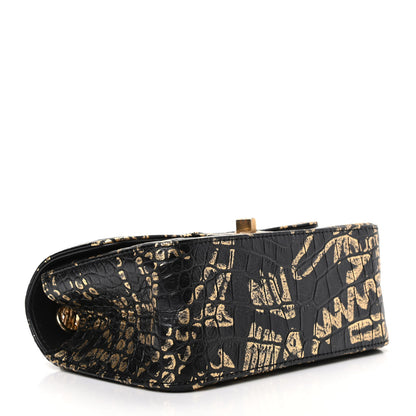 Chanel Calfskin Crocodile Embossed Graffiti 2.55 Mini Cocodile Reissue Flap Black Gold 4 of 10