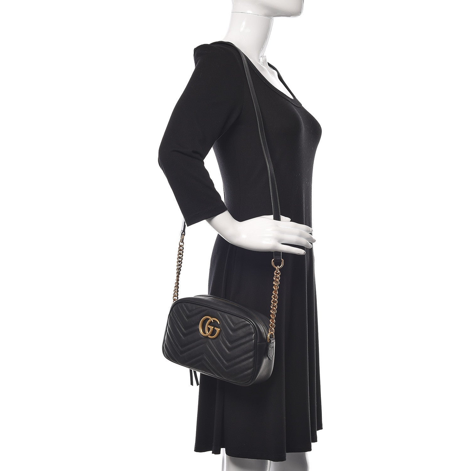 Gucci Calfskin Matelasse Small GG Marmont Chain Shoulder Bag Black 2 of 10