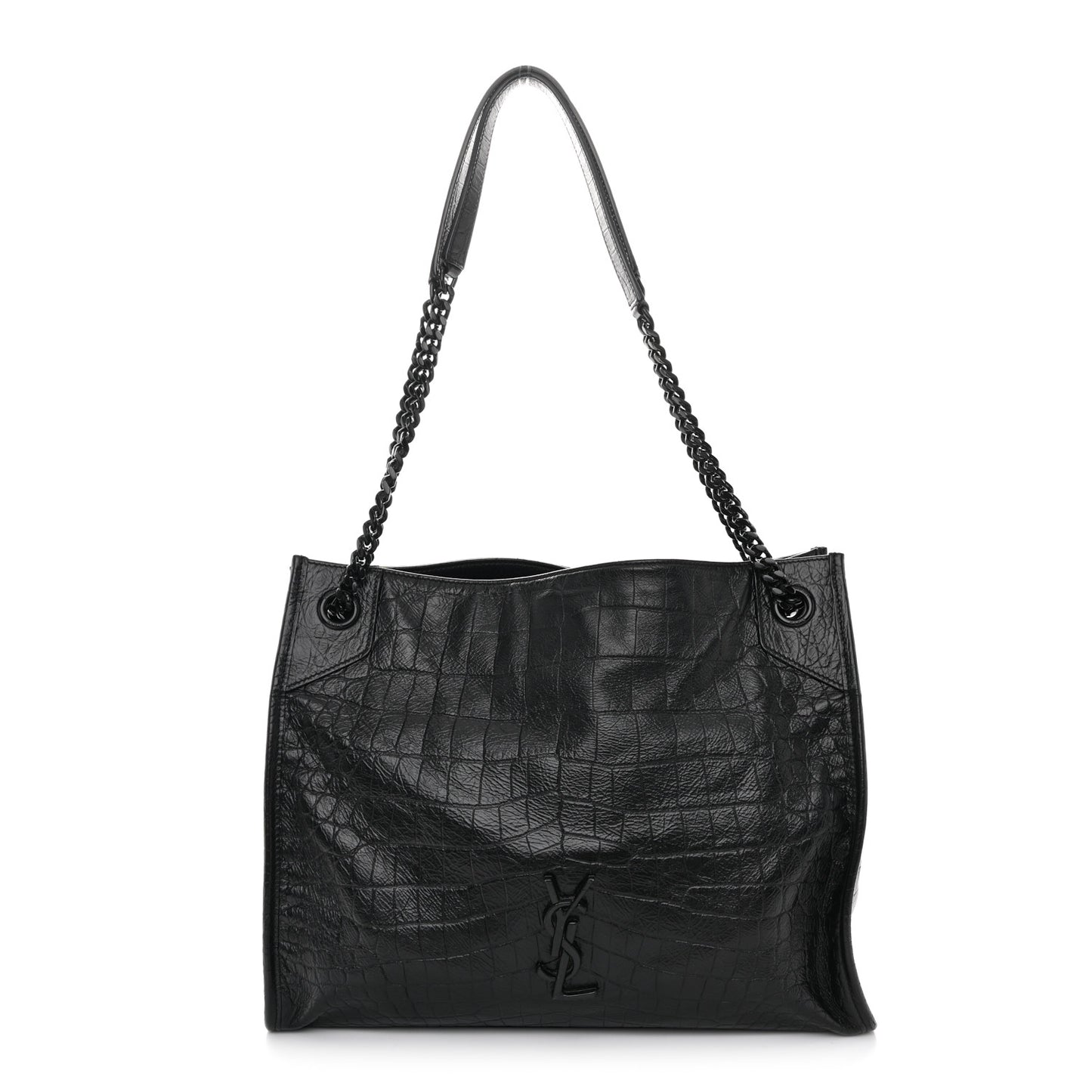 Calfskin Crocodile Embossed Monogram Medium Niki Shopping Bag Black