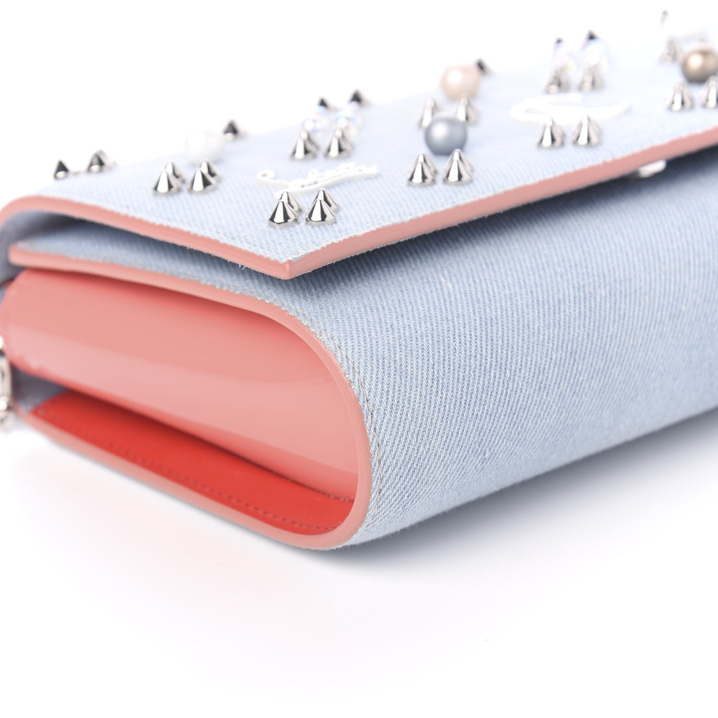 Denim Calfskin Patent Pearl Spikes Loubinthesky Paloma Clutch Paloma Blue