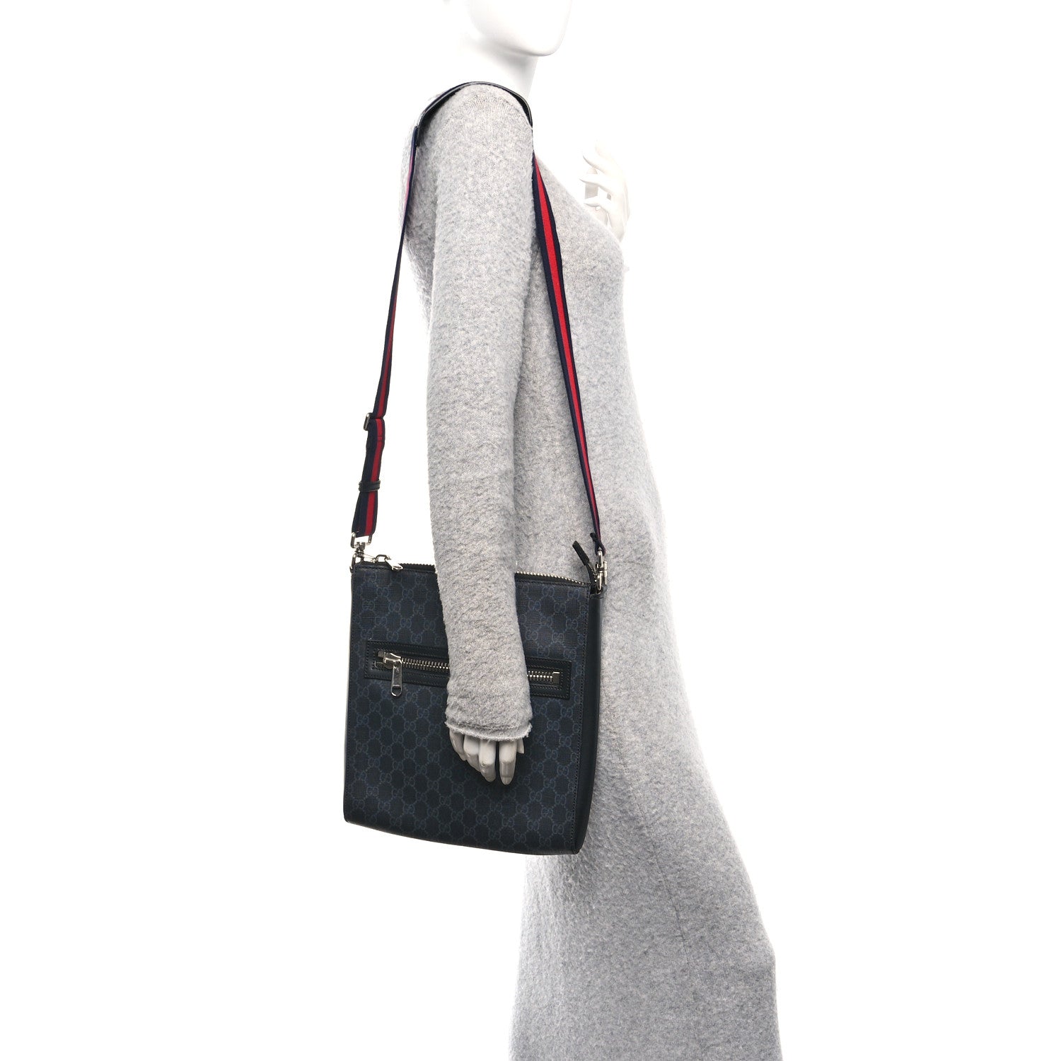 Gucci GG Supreme Monogram Appia Calfskin Web Flat Messenger Bag Black Grey 2 of 12