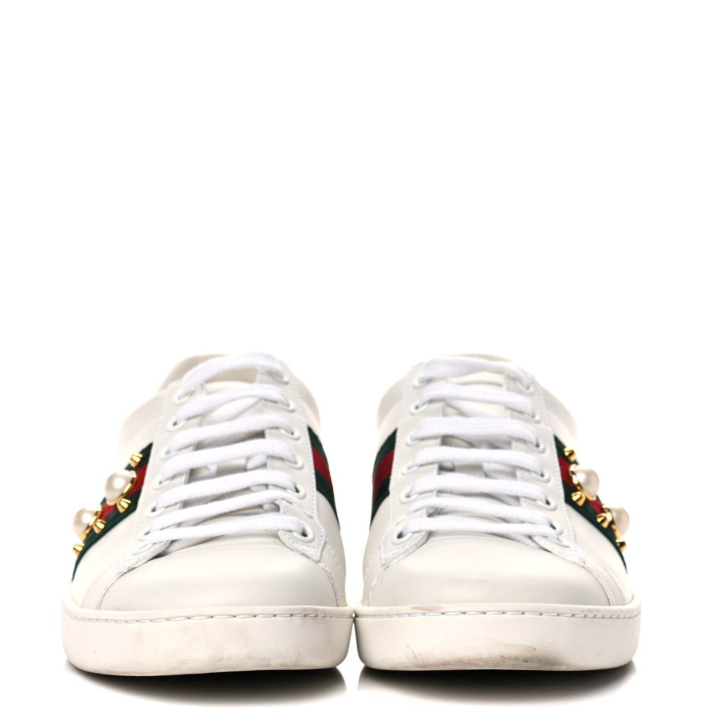 Calfskin Web Pearl Studded Womens Ace Sneakers 38 White
