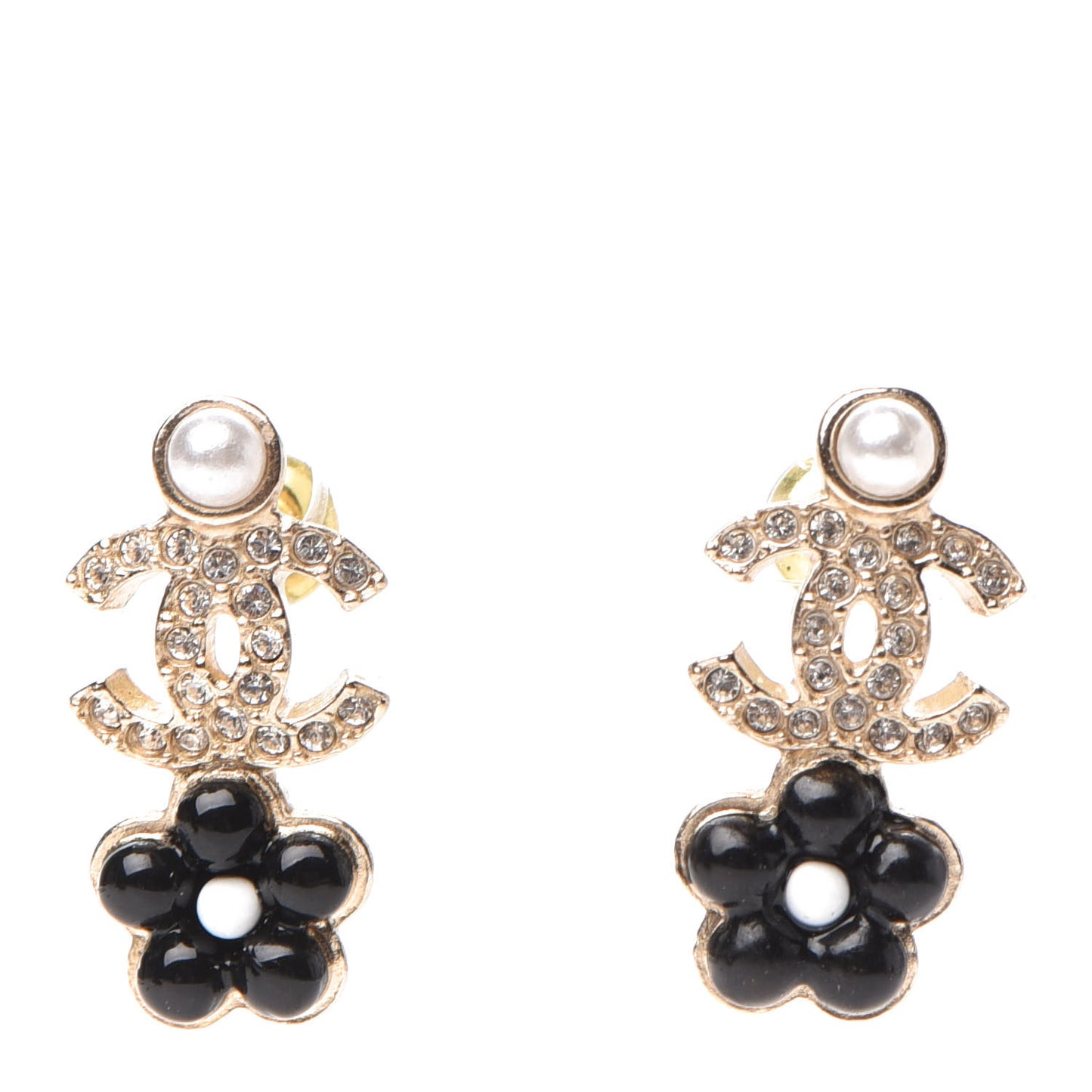 Crystal Pearl CC Flower Earrings Black Gold