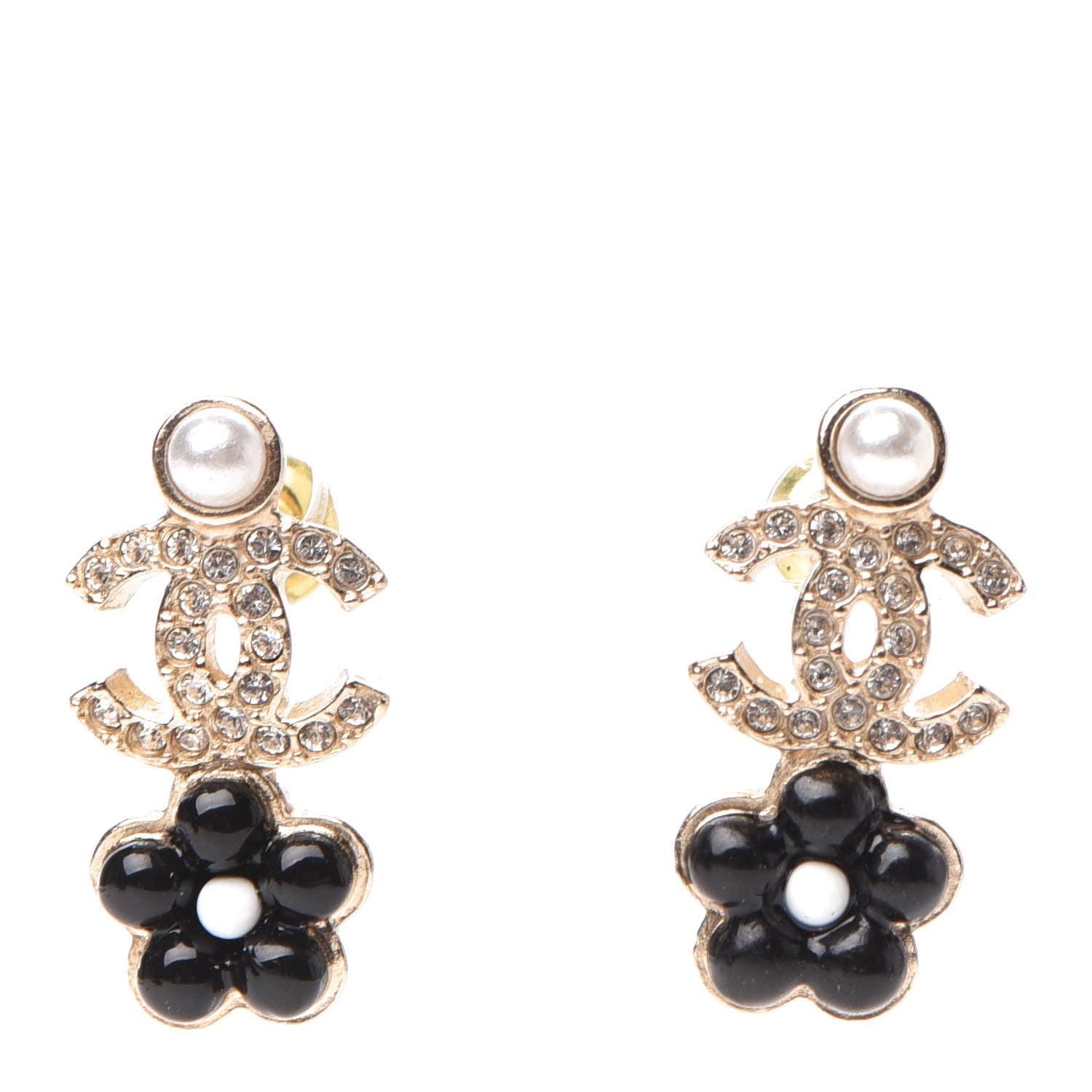 Chanel Crystal Pearl CC Flower Earrings Black Gold 1 of 5