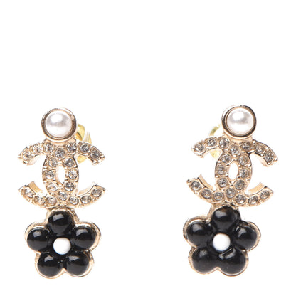Chanel Crystal Pearl CC Flower Earrings Black Gold 1 of 5