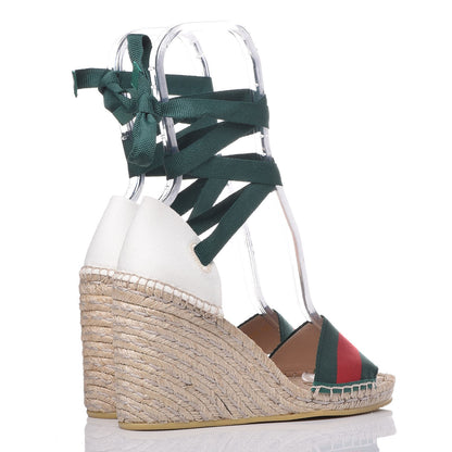 Gucci Canvas Malaga Kid Web Ankle Wrap Espadrille Wedge Sandals 36.5 Green Red Mystic White Emerald 4 of 13