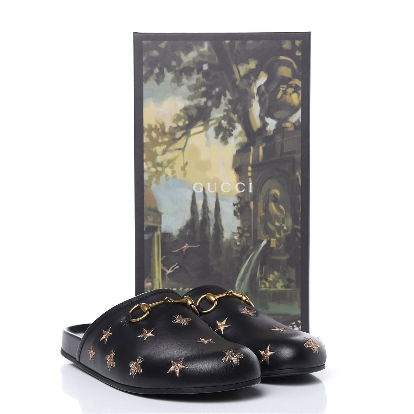 Calfskin Bee Star Embroidered Mens Horsebit River Slippers 10 Black