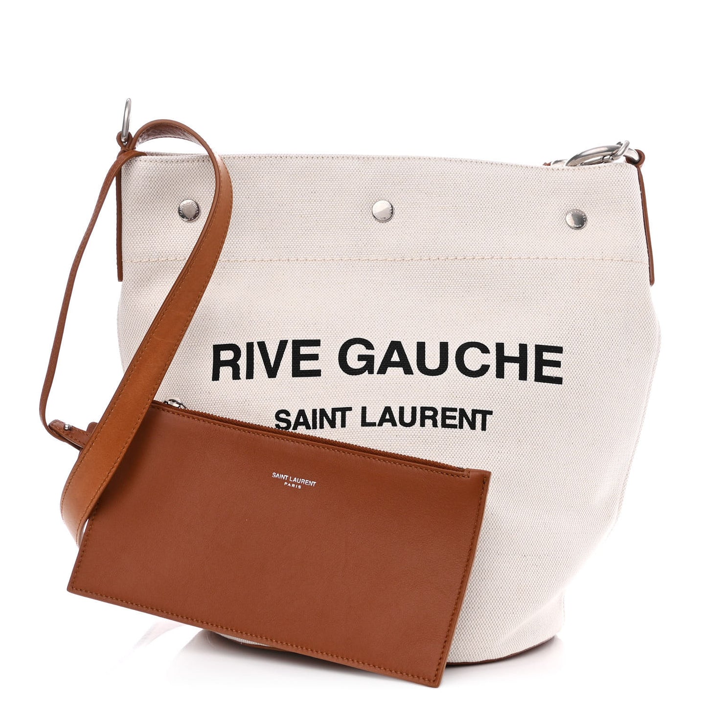 Linen Calfskin Rive Gauche Bucket Bag Grey Cognac