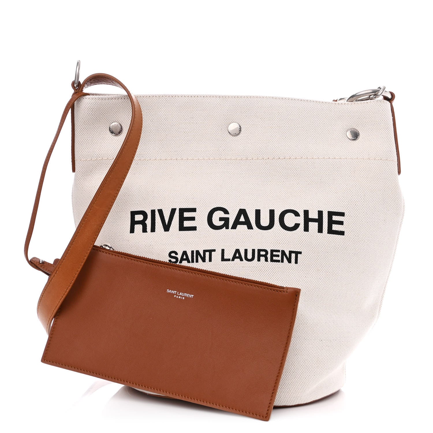 Saint Laurent Linen Calfskin Rive Gauche Bucket Bag Grey Cognac 3 of 11