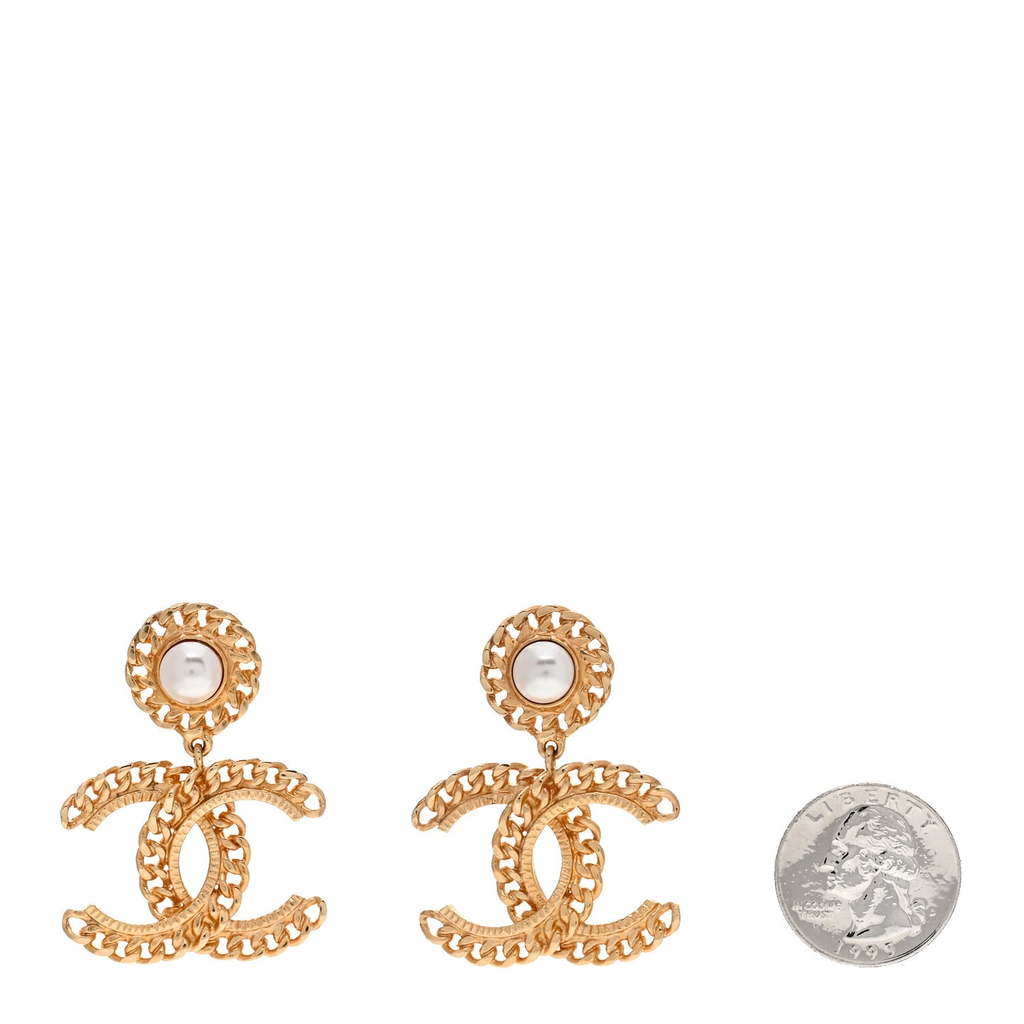 Metal Pearl CC Chain Drop Earrings Gold