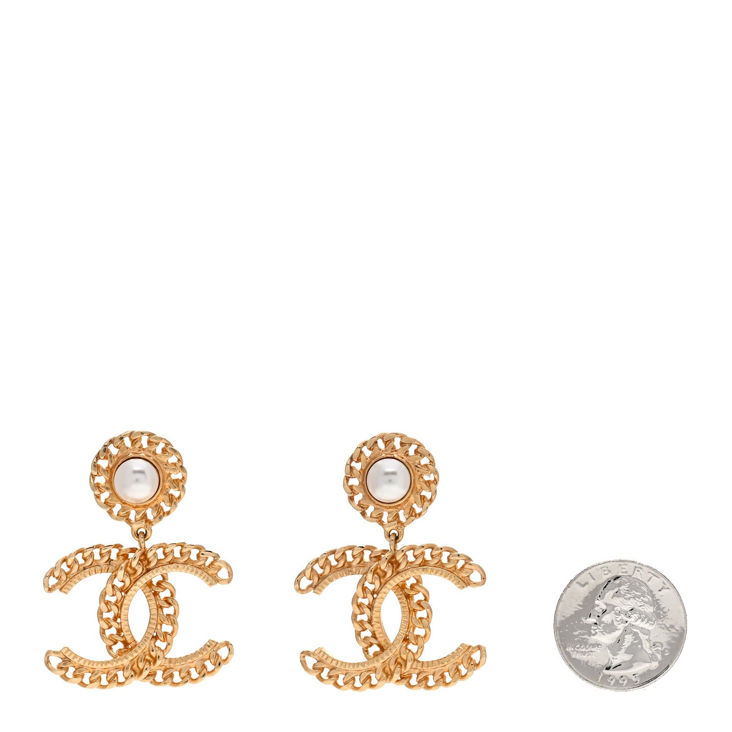 Chanel Metal Pearl CC Chain Drop Earrings Gold 2 of 4