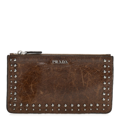Prada Aged Calfskin Studded Zip Clutch Brown 1 of 11