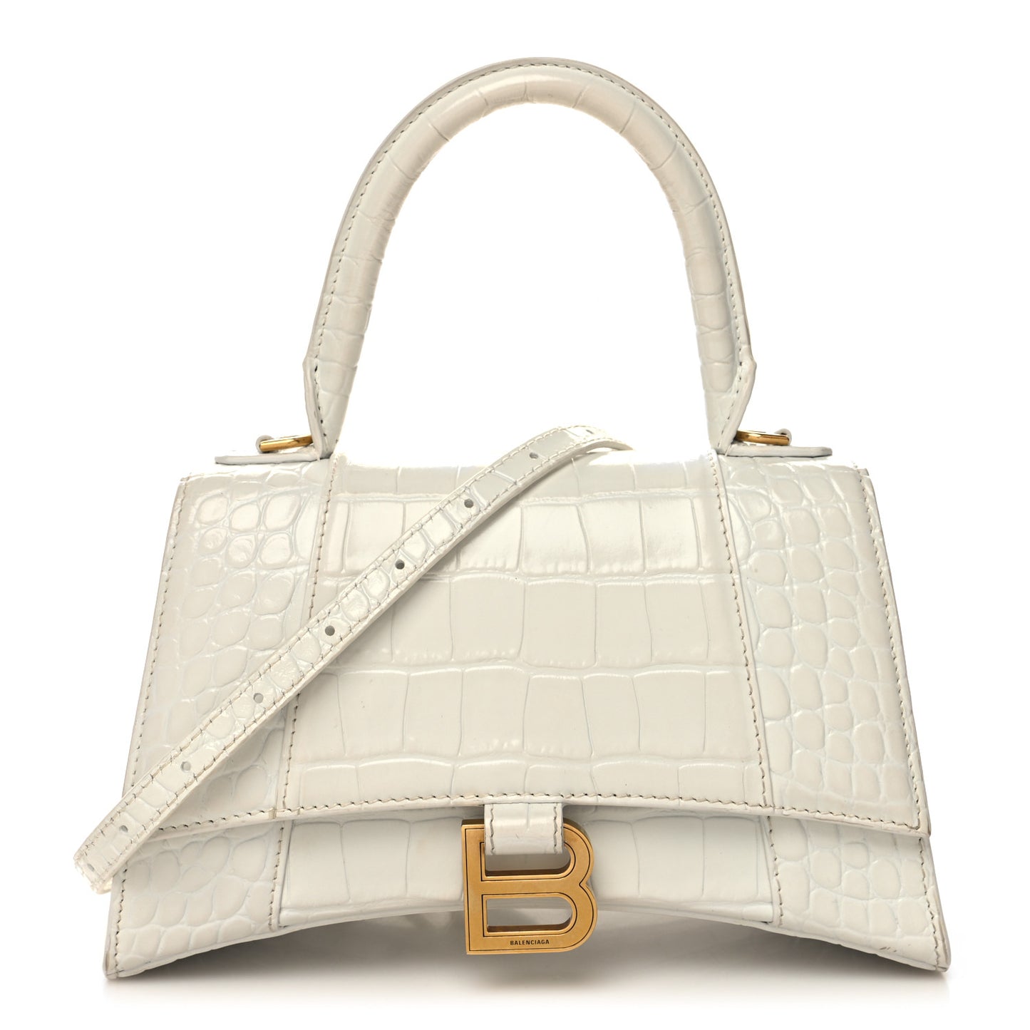 Shiny Calfskin Crocodile Embossed Small Hourglass Top Handle Bag White
