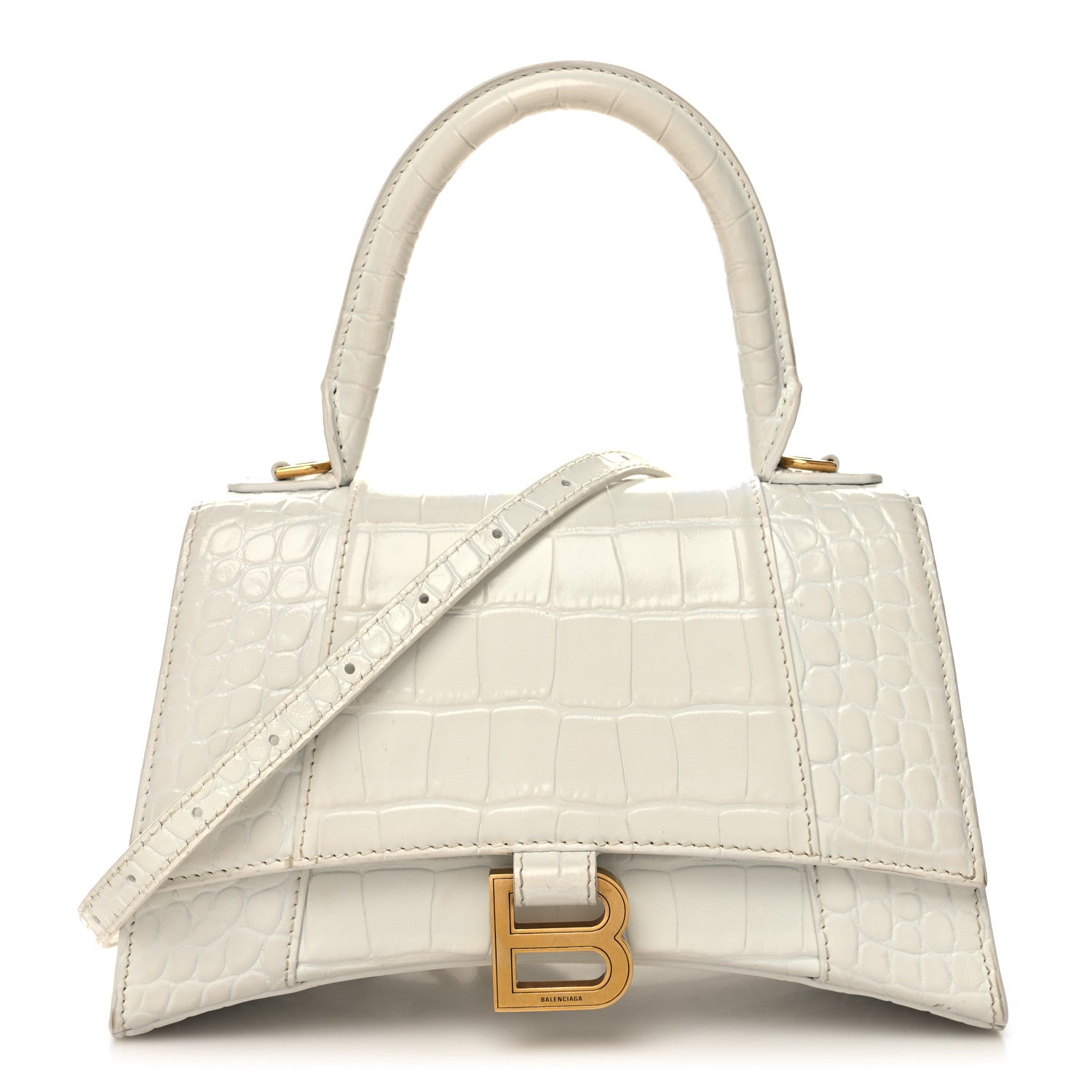 Balenciaga Shiny Calfskin Crocodile Embossed Small Hourglass Top Handle Bag White 1 of 15