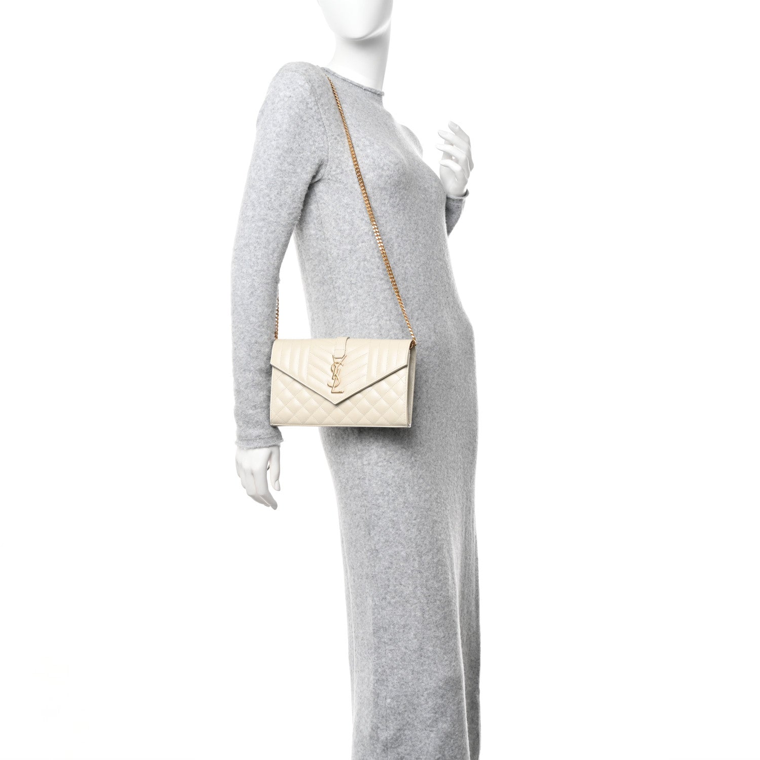 Saint Laurent Grain De Poudre Mixed Matelasse Triquilt Monogram Chain Wallet Crema Soft 2 of 9