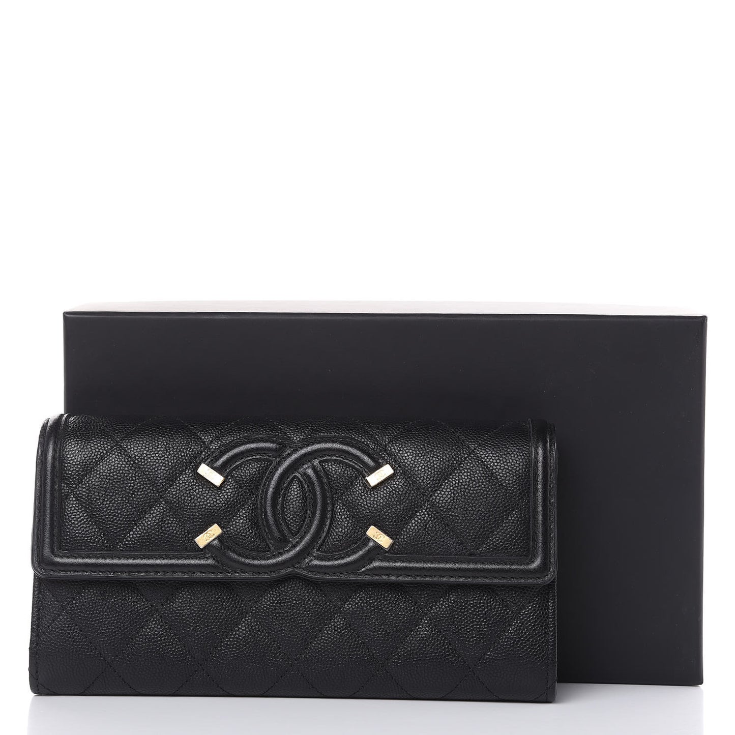 Caviar Quilted Filigree Large Gusset Flap Wallet Black