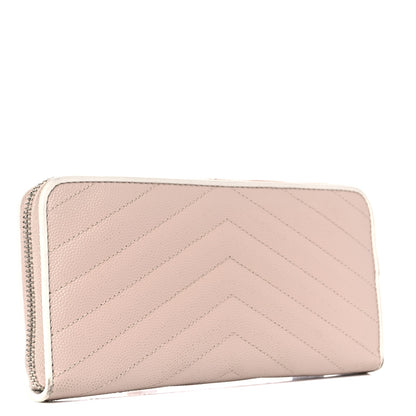 Saint Laurent Grain De Poudre Matelasse Chevron Monogram Zip Around Wallet Pink White 3 of 12