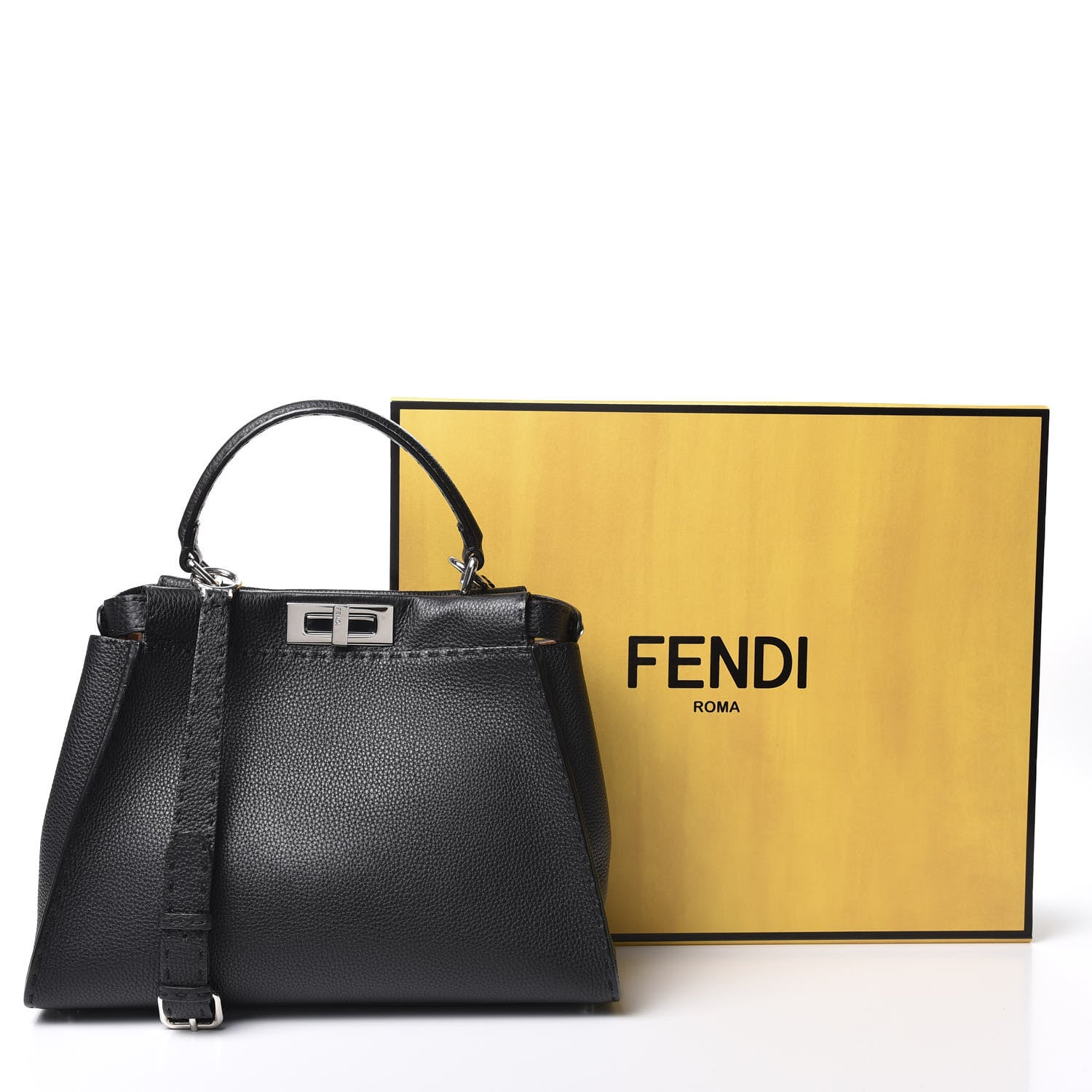 Fendi Cuoio Romano Selleria Bi-Color Medium Peekaboo Iconic Satchel Black Mou 10 of 10