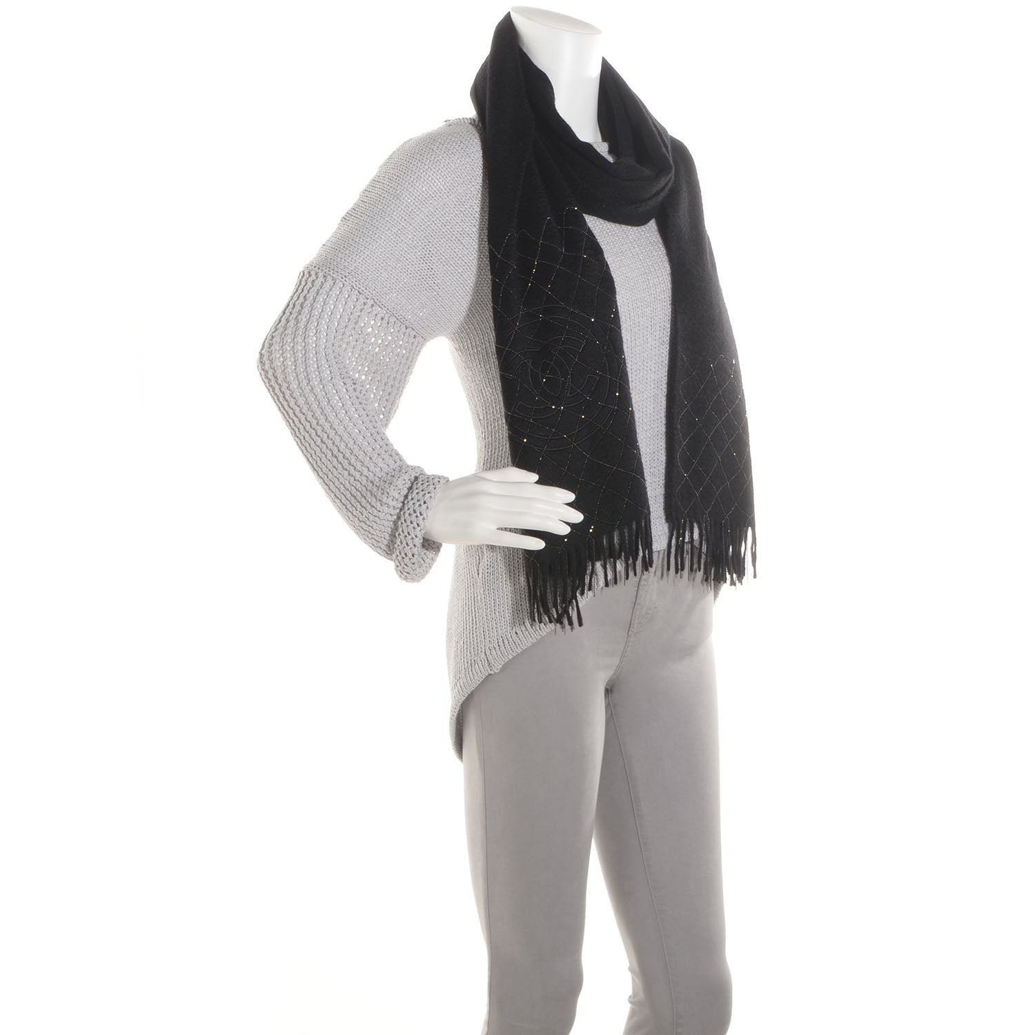 Chanel Cashmere Beaded CC Scarf Black 2 of 5