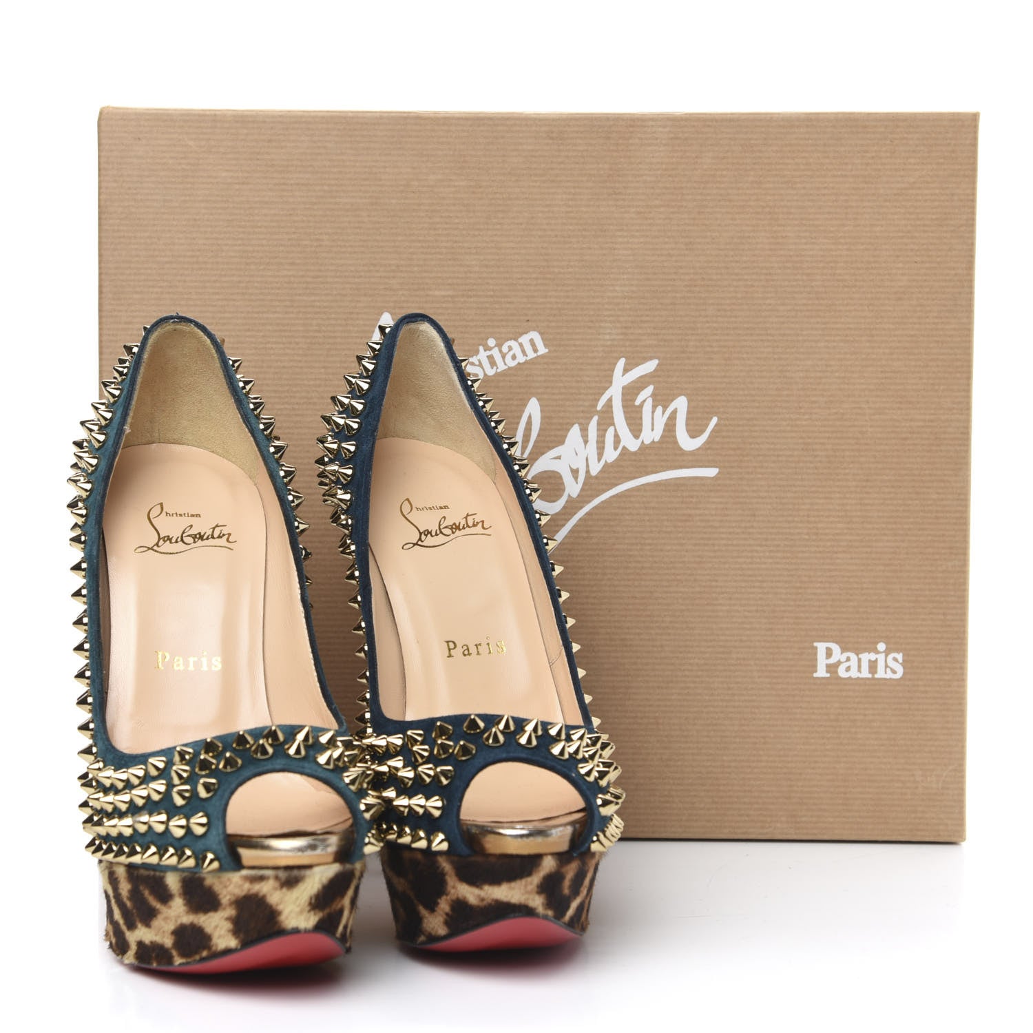 Christian Louboutin Veau Velours Calf Hair Leopard Lady Peep Spikes VIP 150 Pumps 35.5 Blue Khol Bronze 10 of 10