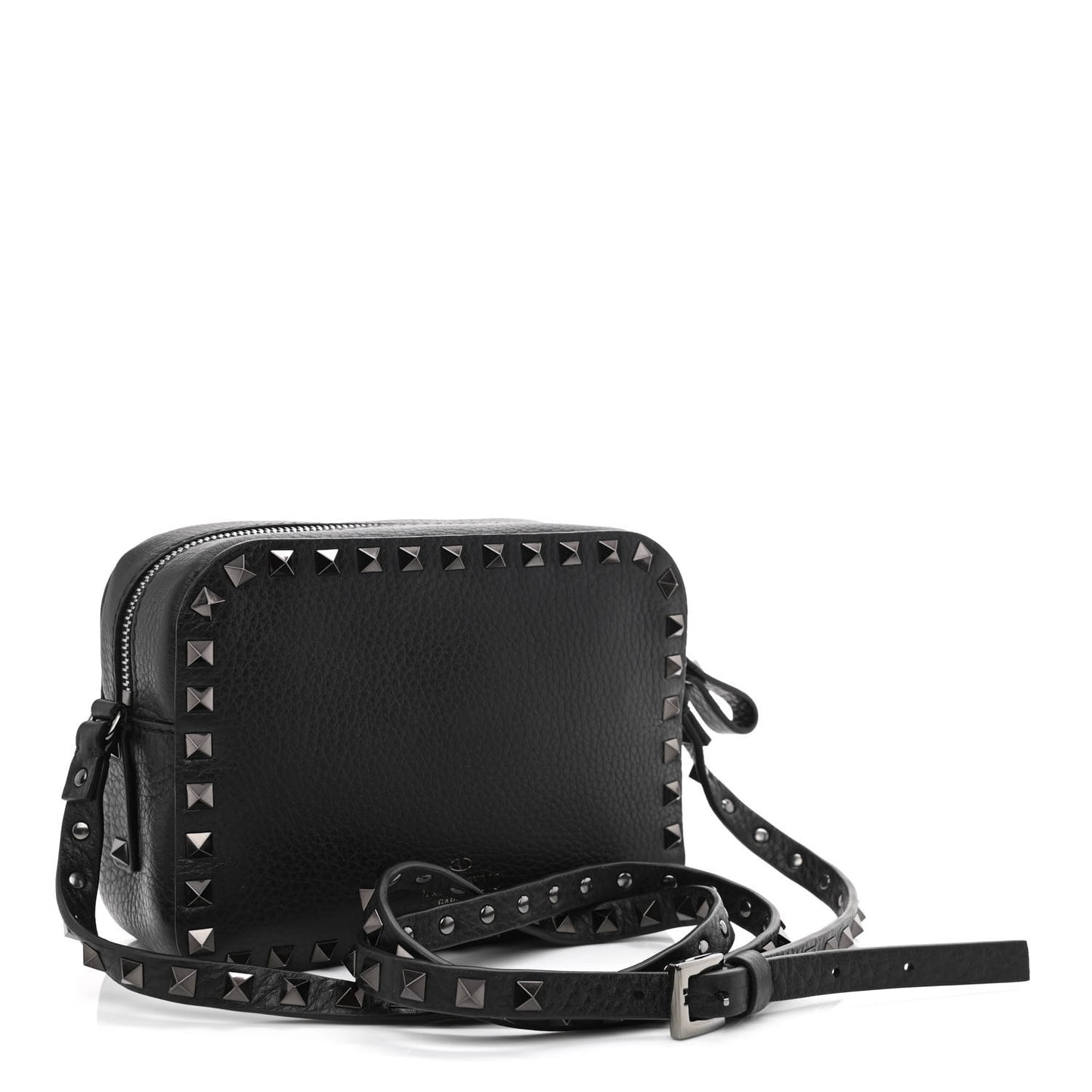 Pebbled Calfskin Rockstud Camera Crossbody Bag Black