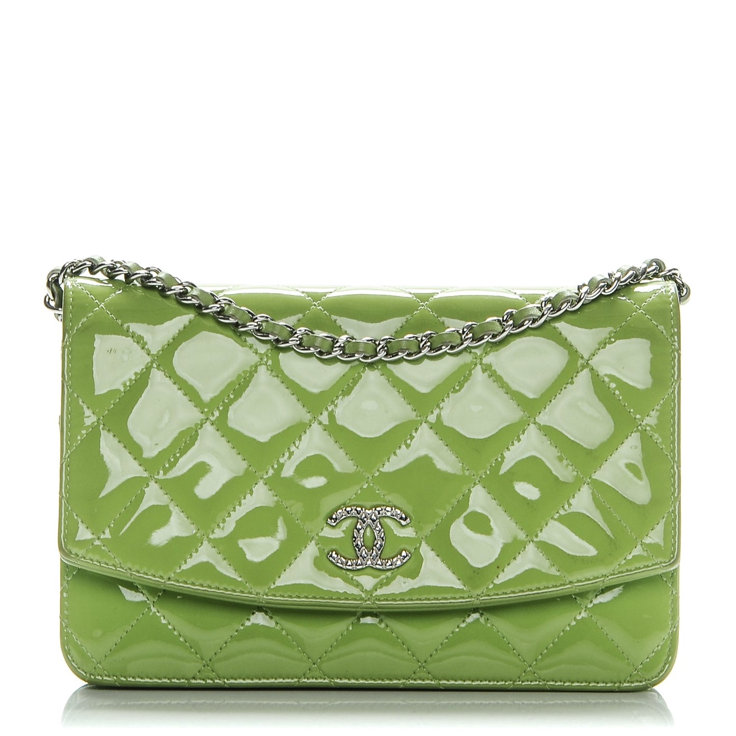 Patent Quilted Brilliant Wallet On Chain WOC Green