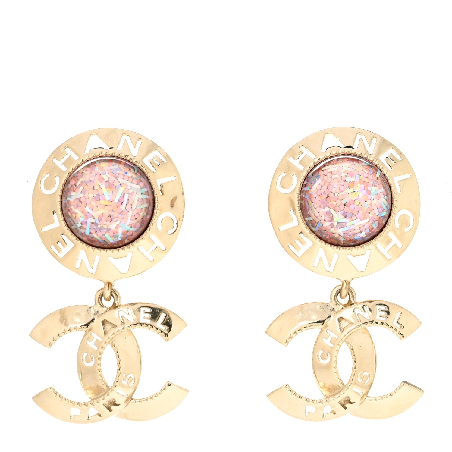 Chanel Resin Metal CC Drop Earrings Iridescent Pink Gold 1 of 5