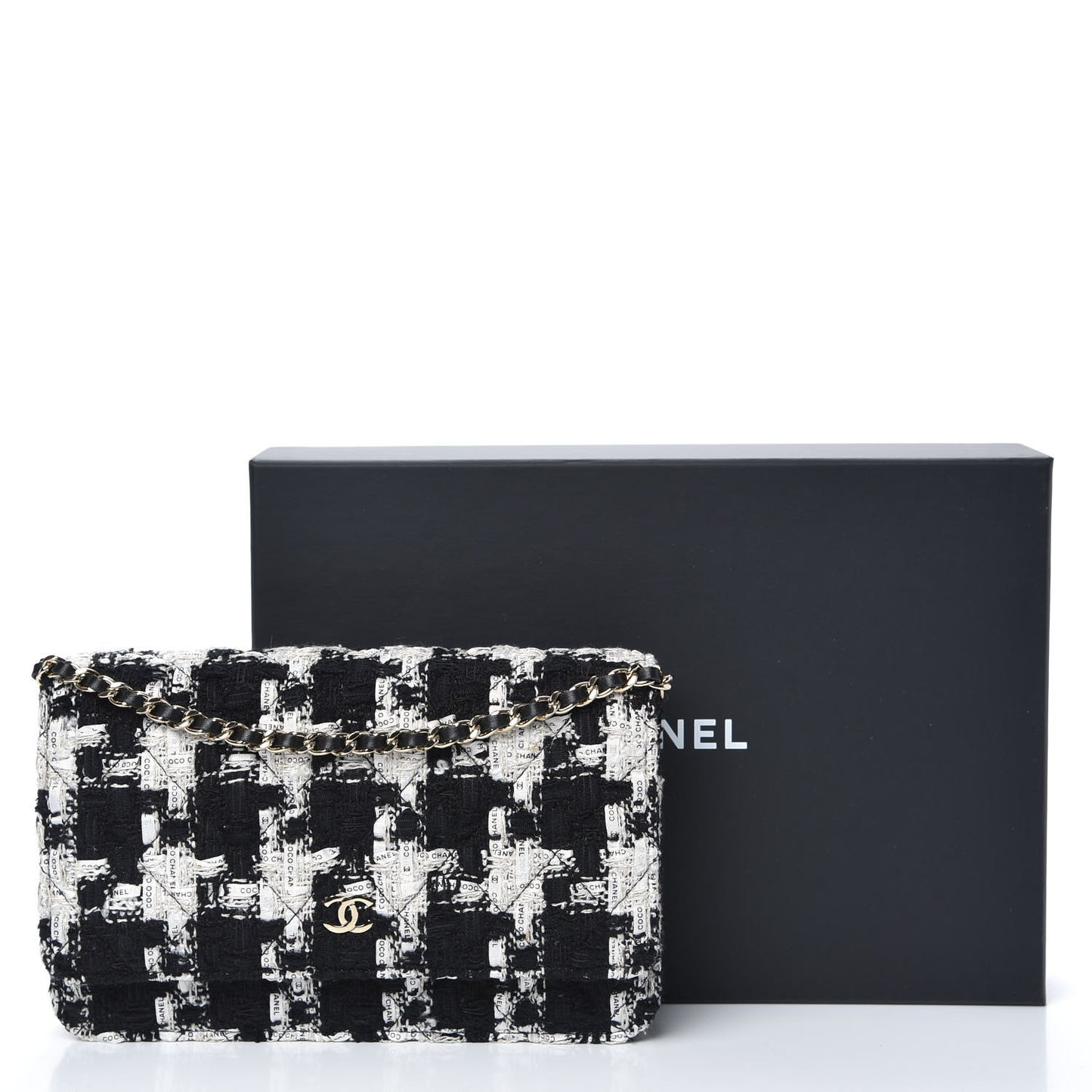 Tweed Quilted Wallet On Chain WOC Black Ecru White