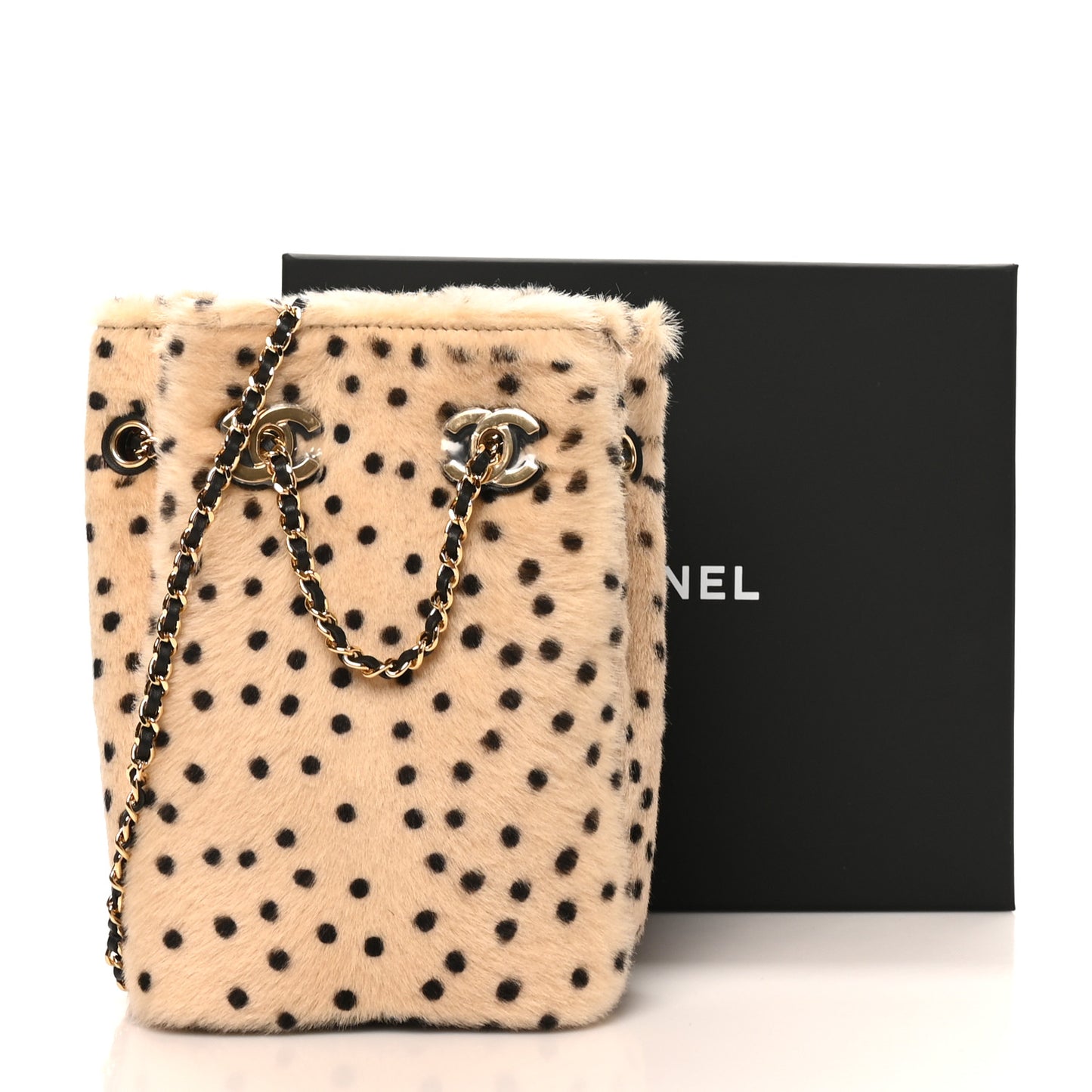 Pony Hair Cheetah Printed CC Chain Bucket Bag Light Beige Black