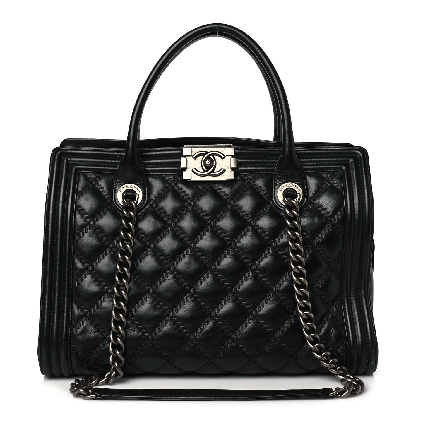 Calfskin Quilted Double Stitch Large Boy Tote Black