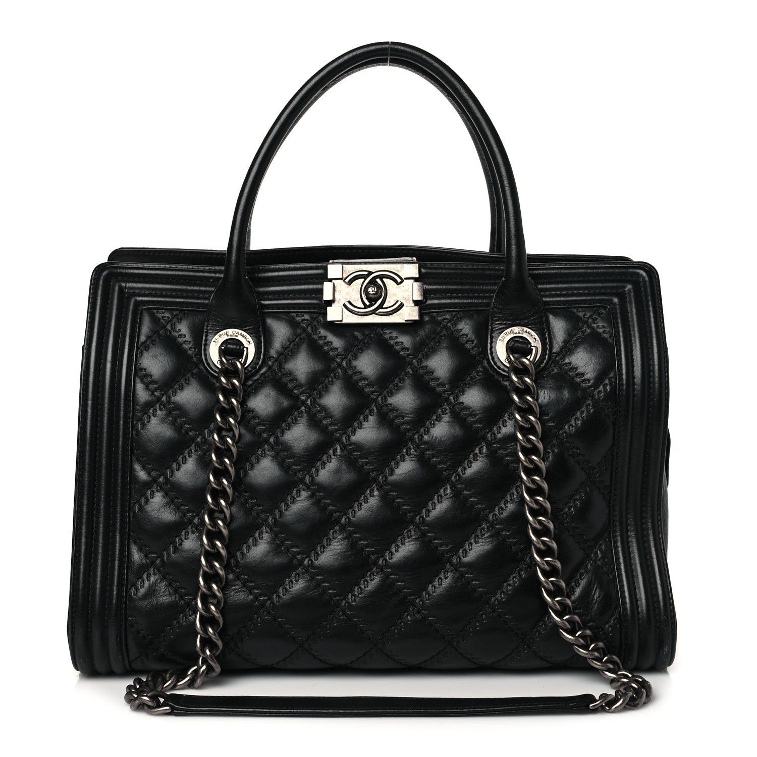 Chanel Calfskin Quilted Double Stitch Large Boy Tote Black 1 of 11