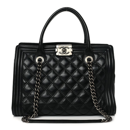 Chanel Calfskin Quilted Double Stitch Large Boy Tote Black 1 of 11