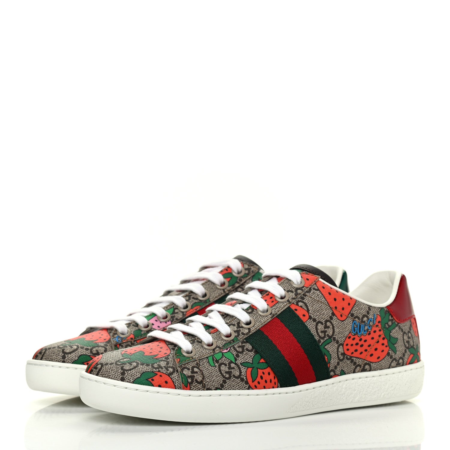 Gucci GG Supreme Monogram Strawberry Web Womens Ace Sneakers 36 Beige Multicolor Red Green 3 of 9