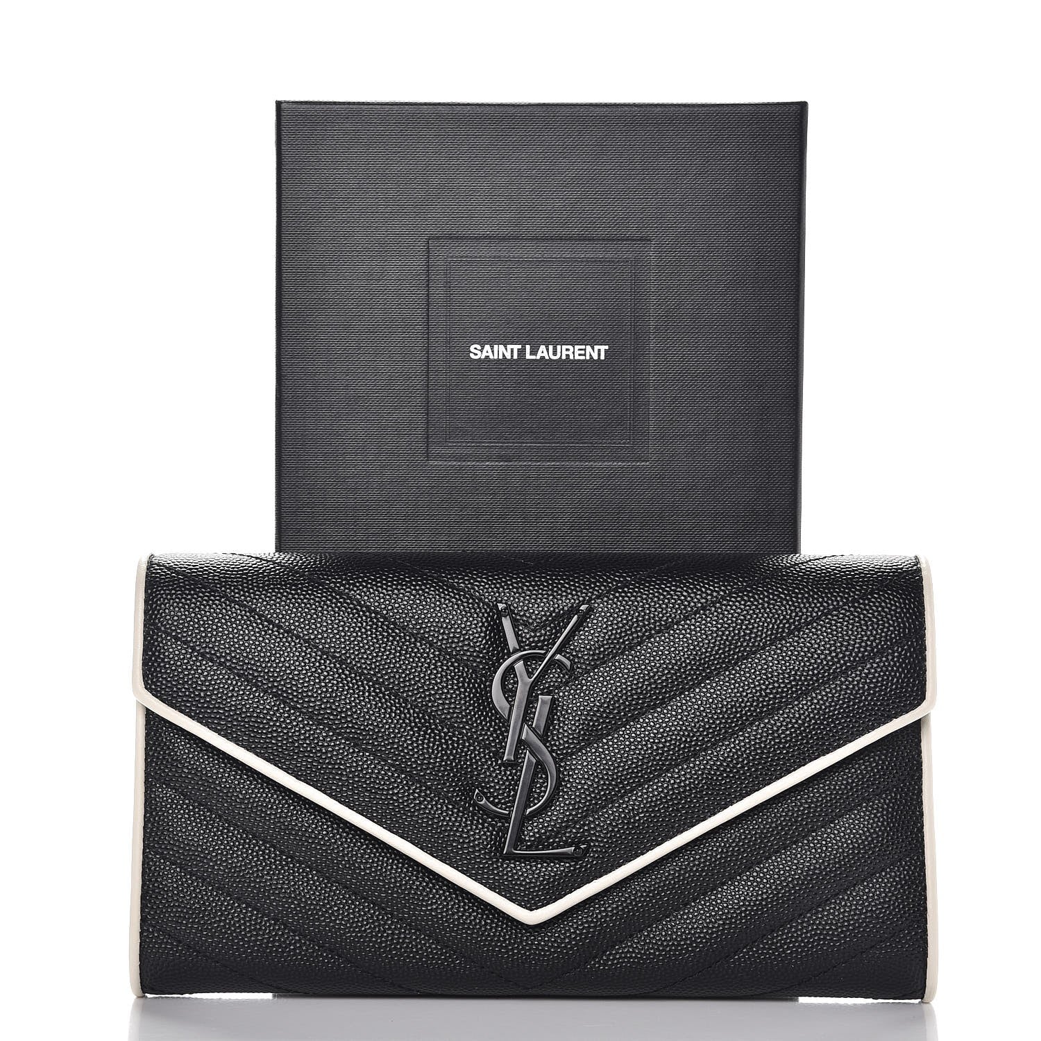 Saint Laurent Grain De Poudre Matelasse Large Monogram Flap Wallet Black Dove White 8 of 8