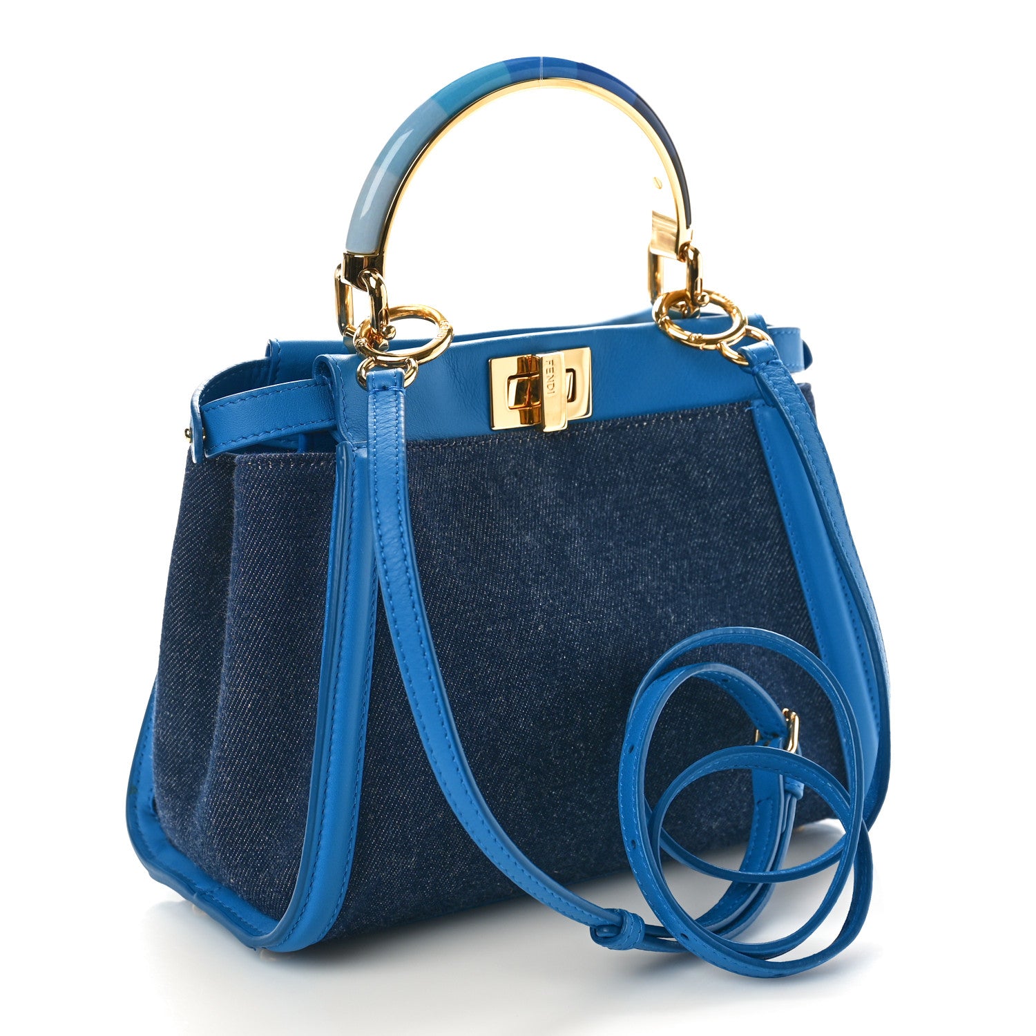 Fendi Denim Fabric Nappa FF Mini Peekaboo Iconic Satchel Blue 3 of 8